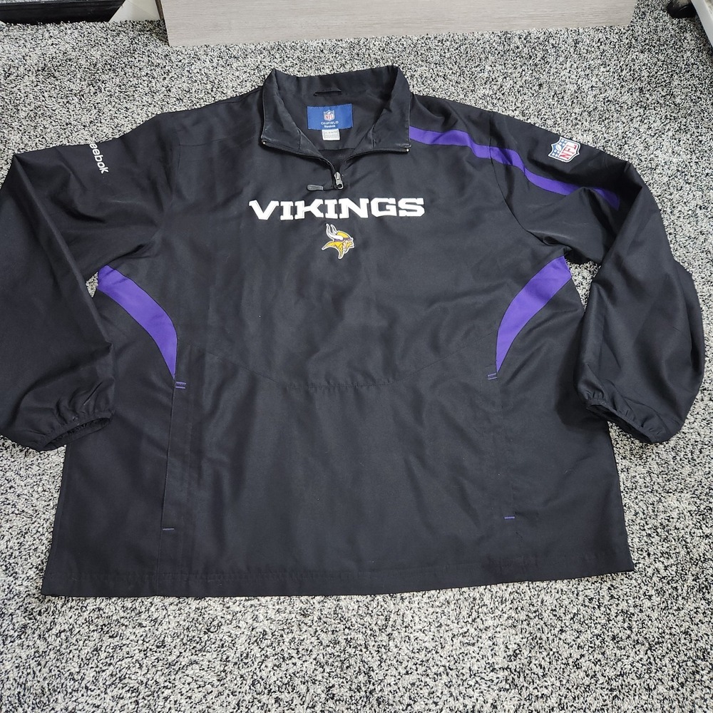 NFL Reebok On Field Minnesota Vikings Men XL Pullover Windbreaker Pockets Black